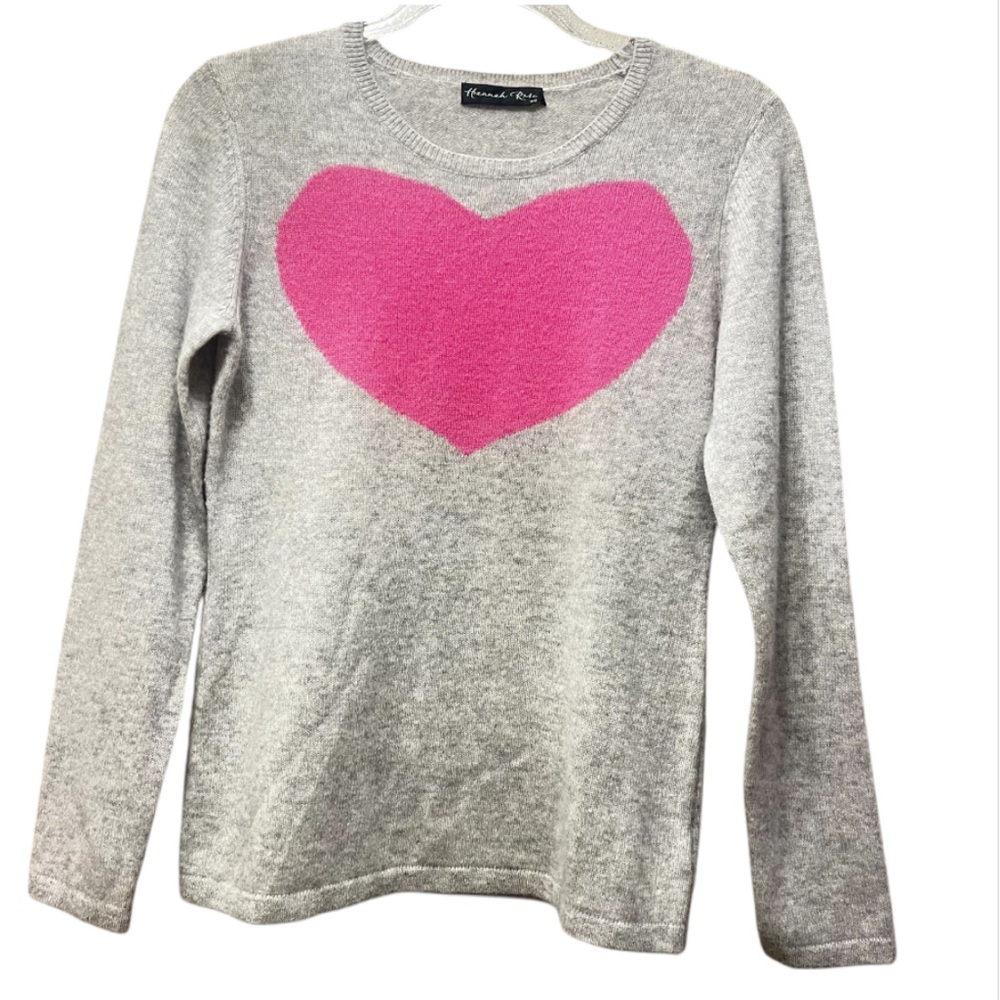 Hannah Rose Cashmere Pink Heart Gray Crewneck Sweater  Size M